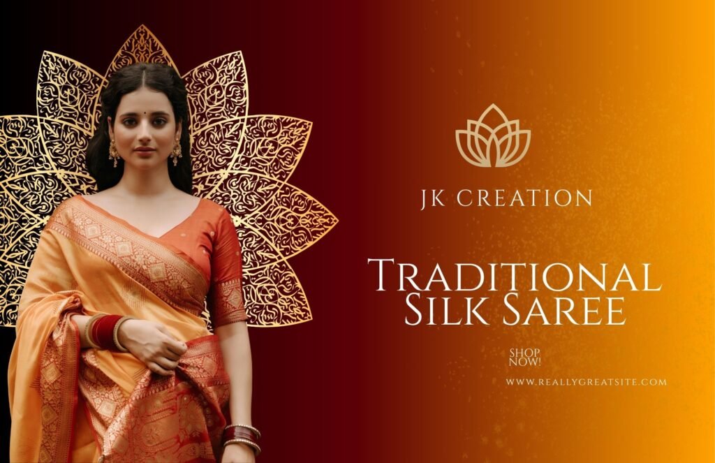 orange and gold traditional silk saree sale flyer